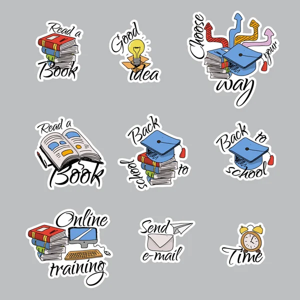 Back to school stickers. Signs, symbols, objects and templates for planners, wedding invitations, notebooks, diaries and cards. - Vector — Stock Vector
