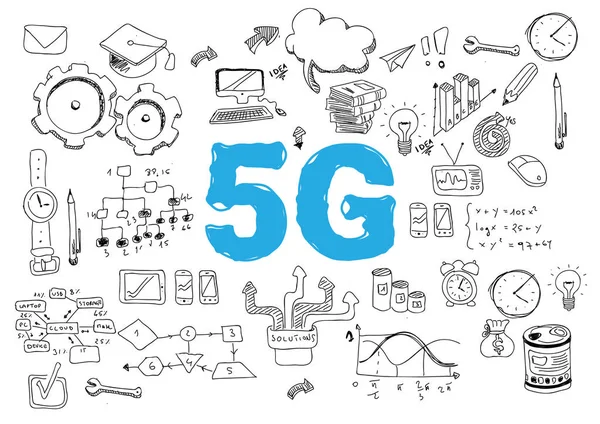 Simgeleri ile geniş bant kavramı olarak 5g ağ veya mobil hız. - Vektör