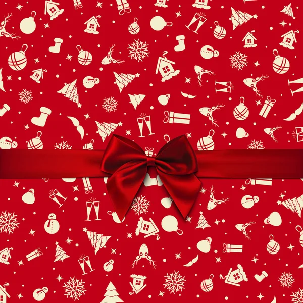 Vector - Red Bow over red Christmas wrapping paper. Christmas card. Happy New Year card. — Stock Vector