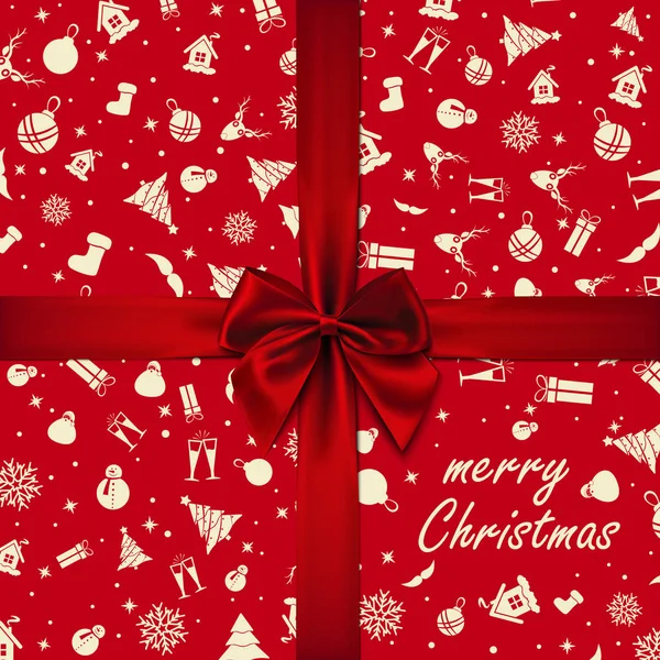 Vektör-kırmızı Bow kırmızı Noel ambalaj kağıdı. Noel kartı. Mutlu yıllar kartı.