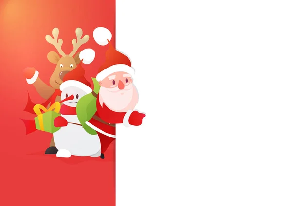 Счастливый снеговик, веселый северный олень и Санта Клаус указывает указательным пальцем на пустое место для копирования. Реклама и концепция - Вектор — стоковый вектор
