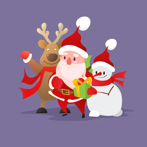 Feliz muñeco de nieve, renos felices y Santa Claus, indica con el dedo índice en el espacio de copia en blanco. Publicidad y concepto - Vector — Vector de stock