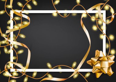 Tatil kartları için hazırlan. Kurdele ve fiyonkla çerçevele. Karanlık arka plan. - Vektör