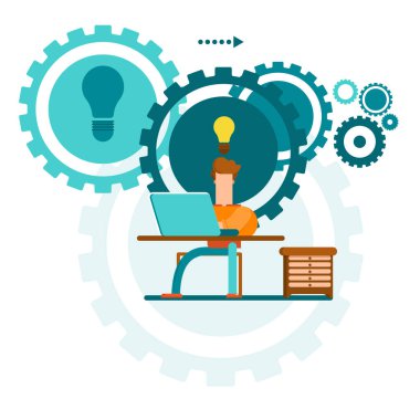 İnternete göz atıyorum. Mobil iletişim ve sosyal ağ konsepti. Dizüstü bilgisayar kullanan bir adamın vektör illüstrasyonu