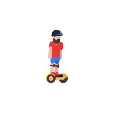 Modern sakallı bir adam elektrikli jiroskopla kask takıyor. Çevre dostu, dengeli araç kullanan bir adam. Düz vektör karikatür çizimi beyaz arkaplanda izole edildi.