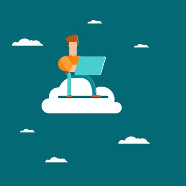 Bulut Ağı. İş adamı dizlerinin üstünde dizlerinin üstünde bir bulutun üzerinde oturuyor. Vektör illüstrasyonunu kabul et