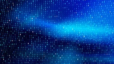 Mavi tonlardaki ikili kodların dinamik bir görüntüsü dijital veri ve teknolojiyi temsil eden bir derinlik ve hareket hissi yaratır..