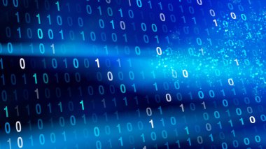 Dijital bilginin hareketlerini tasvir eden mavi tonlarda akan ikili kodun görsel görüntüsü. Şablon bir bağlantı ve teknoloji hissini akla getiriyor..