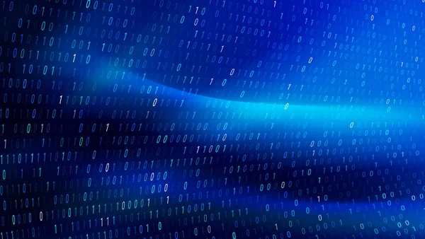 İkili kod, teknoloji ve veri dünyasını sembolize eden derin mavi bir arkaplan boyunca akar. Akan sayılar dinamik ve çekici bir görsel etki yaratır..