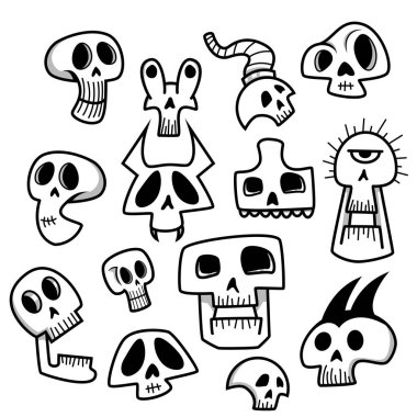 Elle çizilmiş karikatür kafatasları koleksiyonu. Cadılar Bayramı için komik ve ürkütücü vektör çizimi, çıkartmalar, dövmeler, posterler ve dekorasyon.