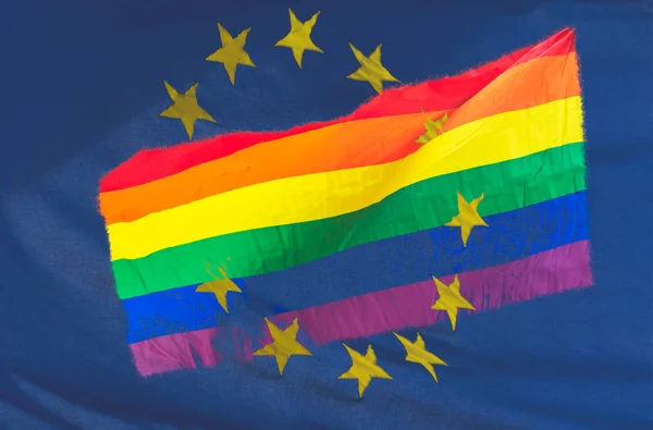 Bandera Arco Iris Lgbt Mezclada Con Bandera Unión Europea Doble — Foto de Stock