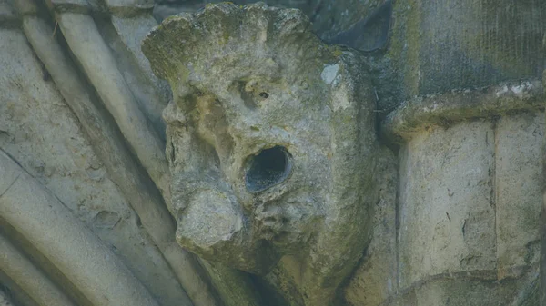 科贝尔头在索尔兹伯里大教堂的西前面 加戈伊尔在早期的英国哥特式大教堂 浅深度的领域分裂色调水平摄影 — 图库照片