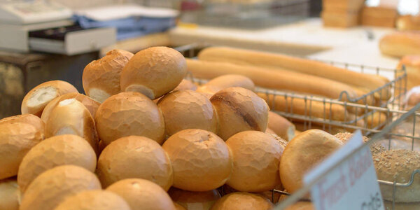 Display of Crusty Cobs, British Bread Rolls, shallow depth of field