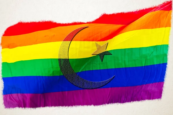 LGBT Gökkuşağı bayrağı ile harmanlanmış İslam sembolü