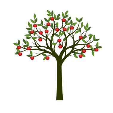 Yeşil ağaç ve kırmızı elma meyve. Vektör çizim. Bahçede bitki.