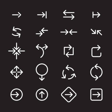 Siyah arka plan üzerine beyaz vektör okları kümesi. İşaretleri ve simgeler koleksiyonu.