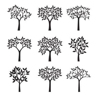 Siyah ağaçlar kümesi. Vektör çizim. Bitkiler ve Bahçe.