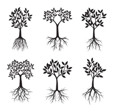 Siyah ağaçlar kümesi. Vektör çizim. Bitkiler ve Bahçe.