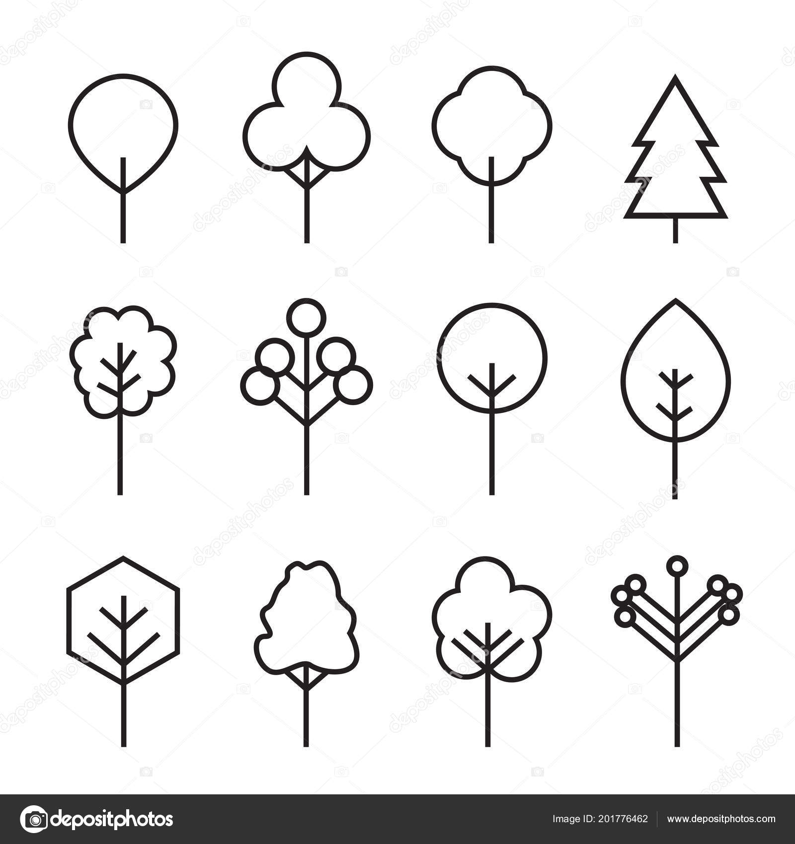 Набор Иконок Черного Контура Деревьев Векторная Иллюстрация.