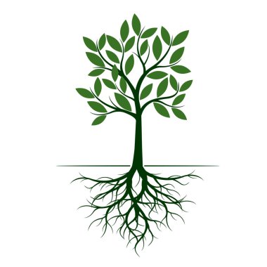 Yeşil ağaç kök ile. Vektör çizim. Bahçede bitki.