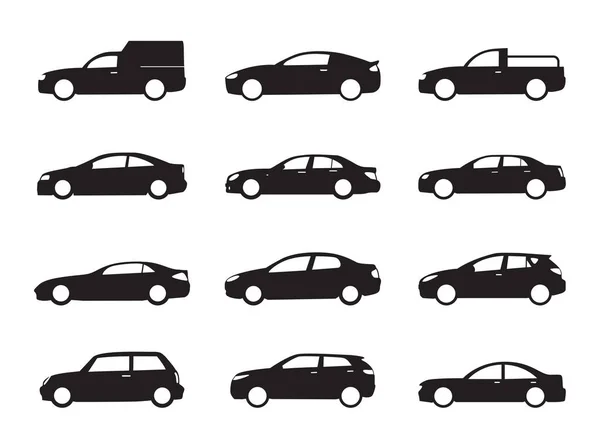 Set Zwart Shapes Pictogrammen Van Cars Vectorillustratie — Stockvector