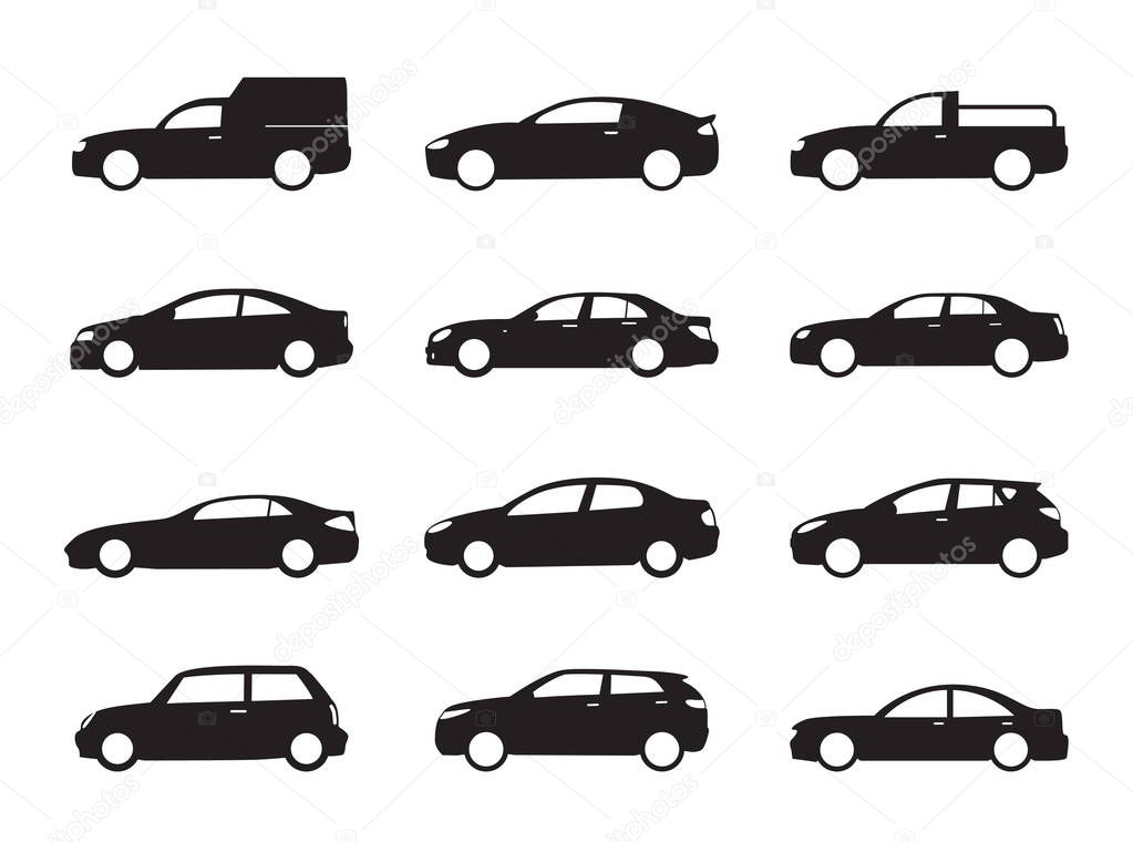 Set black shapes and Icons of Cars. Vector Illustration.