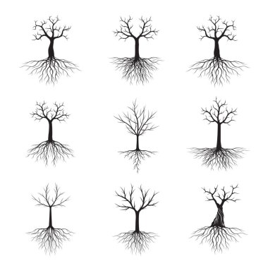 Kökleri olan siyah şekilli ağaçlar. Vektör İllüstrasyonu. Bitki ve Bahçe.