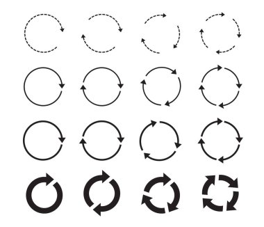 Siyah yuvarlak oklar. Vektör Simgeleri yenileniyor, yükleniyor ve indiriliyor. Web sitesi için grafiksel.