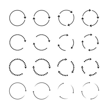 Siyah yuvarlak oklar. Vektör Simgeleri yenileniyor, yükleniyor ve indiriliyor. Web sitesi için grafiksel.