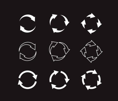 Siyah arkaplanda beyaz daire okları. Vektör Ana Hattı Simgeleri.