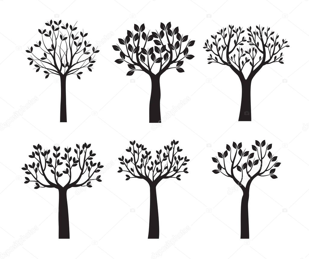 Set back Trees and Leaves. Vector outline Illustration. EPS file.