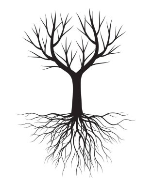 Köklü Kara Ağaç. Vektör İllüstrasyonu. Bitki ve Bahçe.