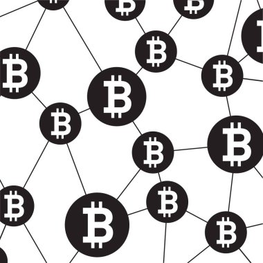 Blockchain yapısı ve Bitcoin simgesi. Vektör ana hatları Resim ve simgeler.