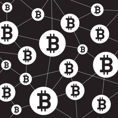Blockchain yapısı ve Bitcoin simgesi. Vektör ana hatları Resim ve simgeler.