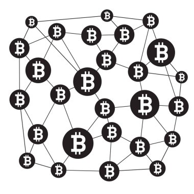 Blockchain yapısı ve Bitcoin simgesi. Vektör ana hatları Resim ve simgeler.