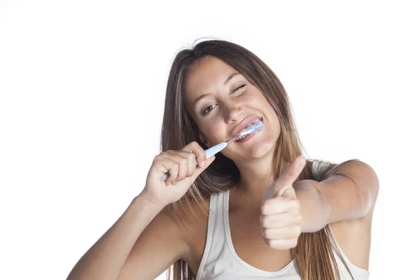 Woman Brushing Her Teeth Toothbrush Showing Thump Isolated White Background — Stock Photo, Image