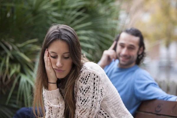 Sad Wife Indifferent Husband Using Phone Relationship Problems Concept — Stock Photo, Image