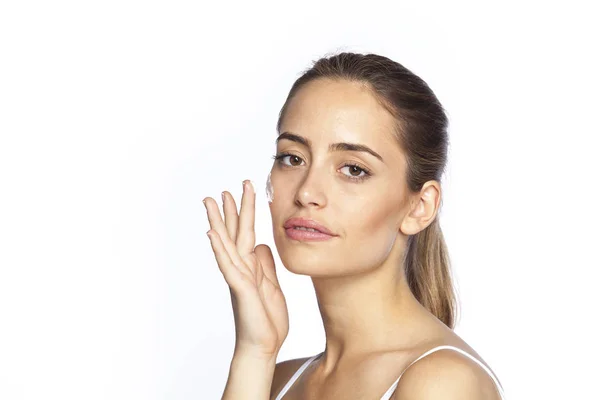 Beautiful Woman Using Skin Care Product Isolated White Background — Stock Photo, Image