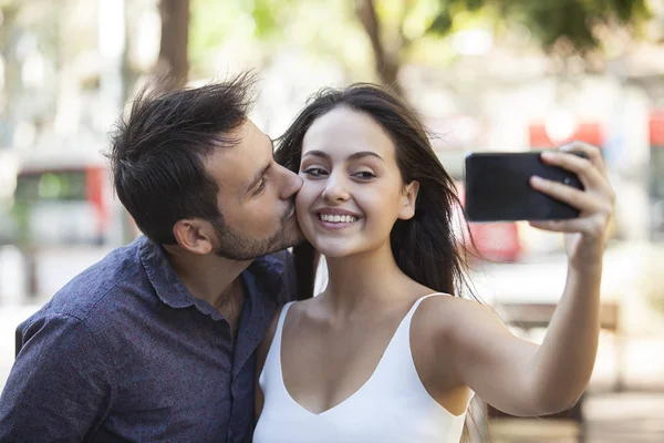 Young Happy Couple Love Kissing Making Selfie Outdoors Street — Stock Photo, Image
