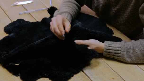 Skinner travaillant avec la peau de fourrure de castor — Video