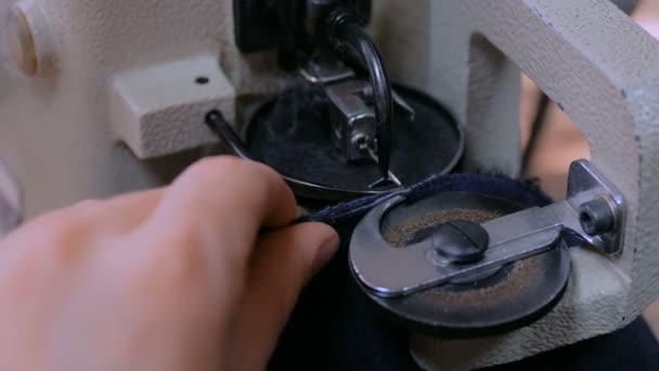 Skinner usando máquina de coser para coser piel de piel en el taller — Vídeo de stock