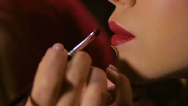 Professionelle Visagistin trägt Lippenstift auf die Lippen einer Kundin auf — Stockvideo