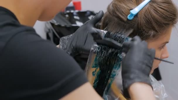 Coiffeur professionnel coloriant les cheveux de la cliente au studio — Video