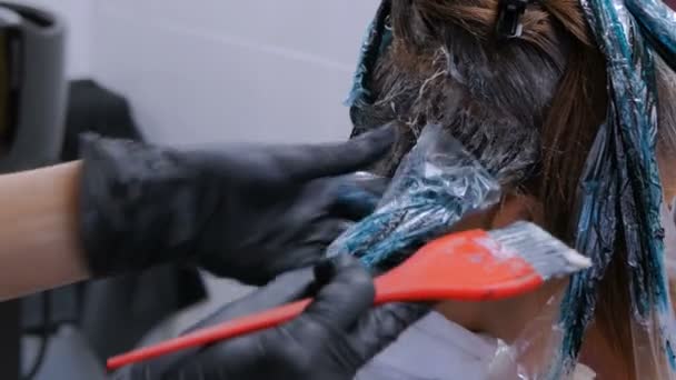 Επαγγελματία κομμωτή χρωματίζοντας τα μαλλιά του πελάτη γυναίκα στο studio — Αρχείο Βίντεο