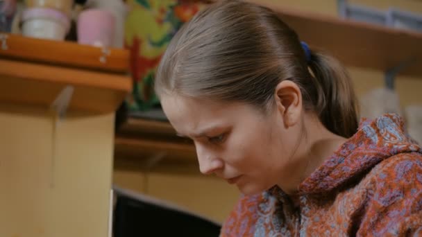 Portrait of woman potter, decorator painting ceramic souvenir — Stock Video