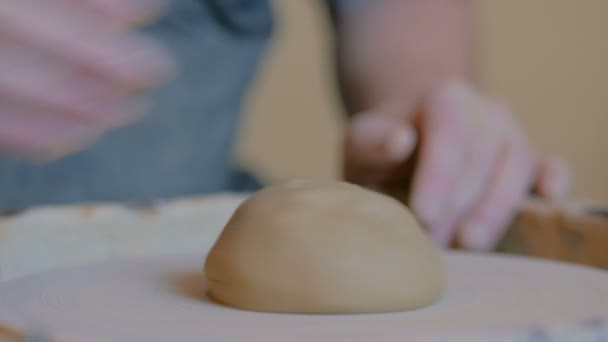 Professional male potter working with clay on potters wheel — Stock Video