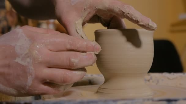 Professional Male Potter Working Workshop Studio Close Shot Potters Hands — Stock Video