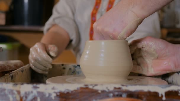 Pottery Class Workshop Professional Male Potter Working Kid Showing How — Stock Video