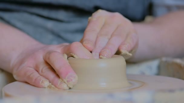 Professional male potter working with clay on potters wheel — Stock Video