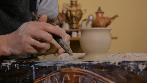 Çömlek atölyesinde özel bir aletle profesyonel çömlekçi şekillendirme kupası — Stok video